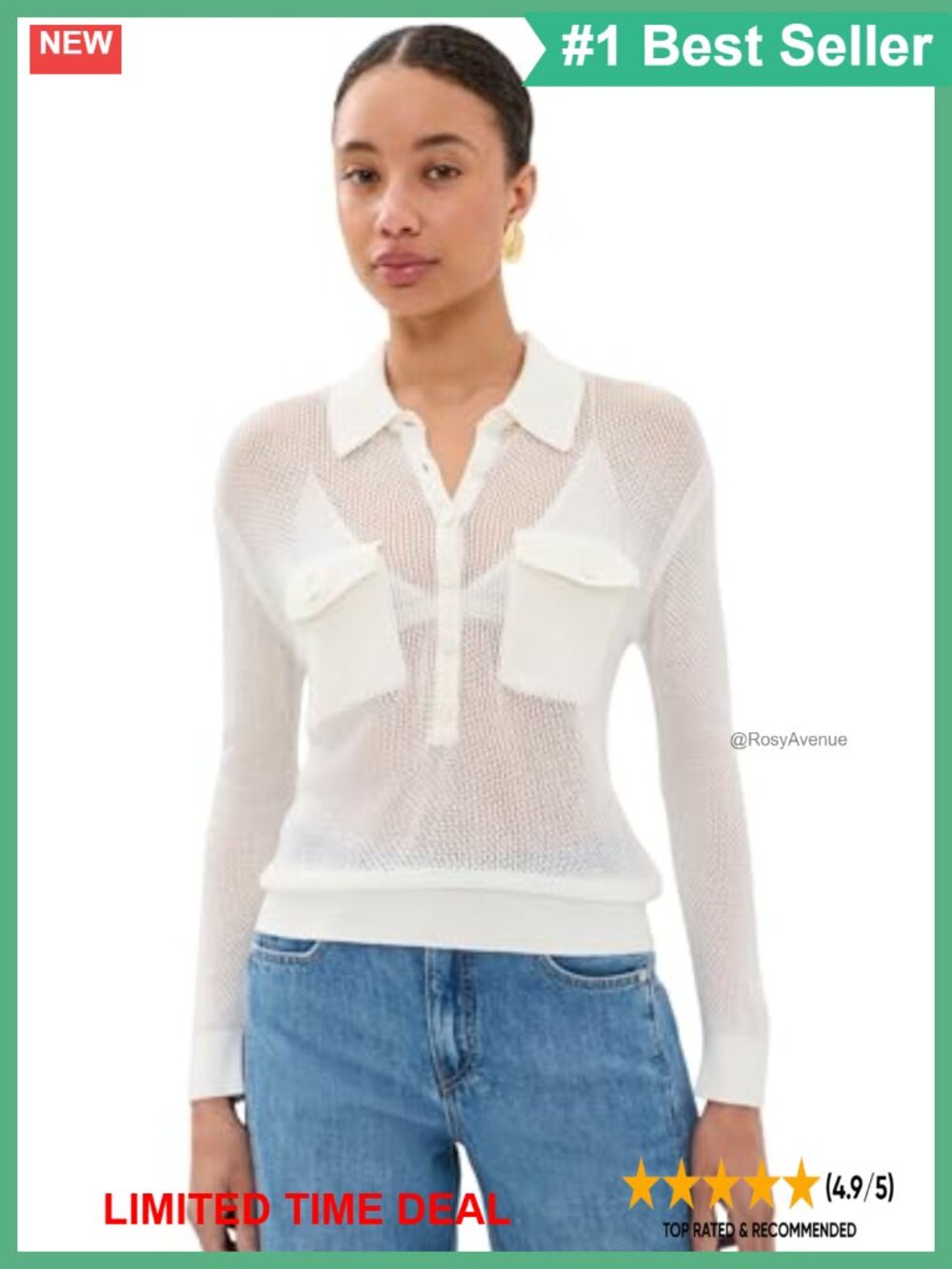 L'AGENCE Carine Pointelle Collared Sweater Lightweight Stretch Knit